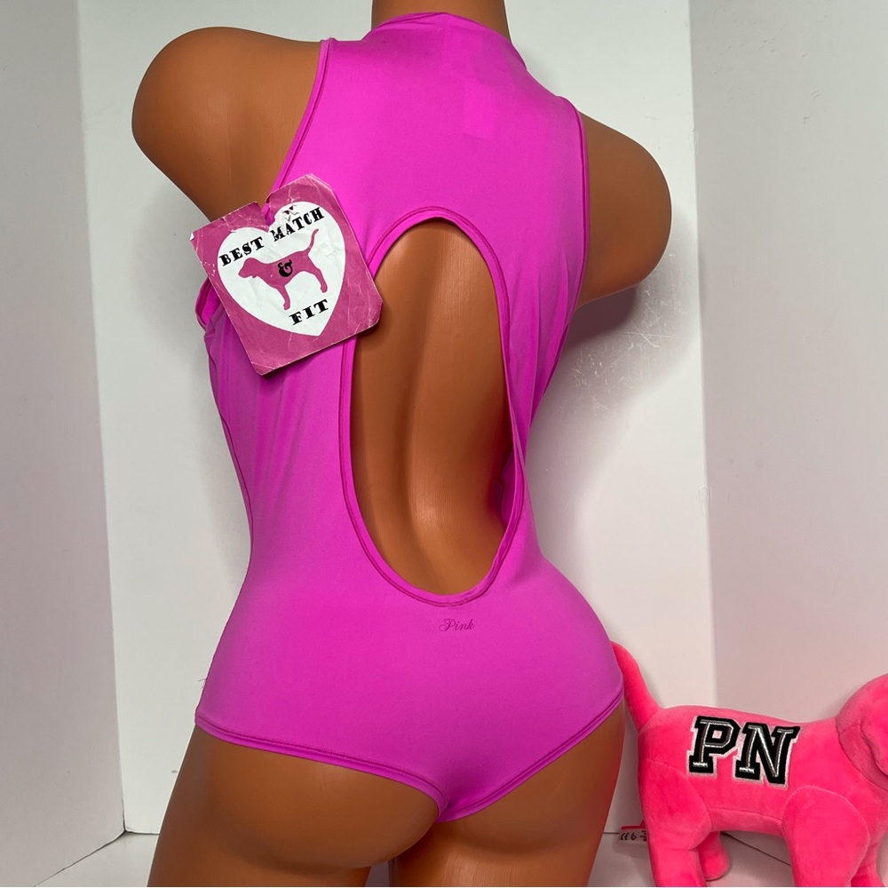 Victoria’s Secret PINK XXL Logo Bodysuit Open Back High-neck Super Soft Neon